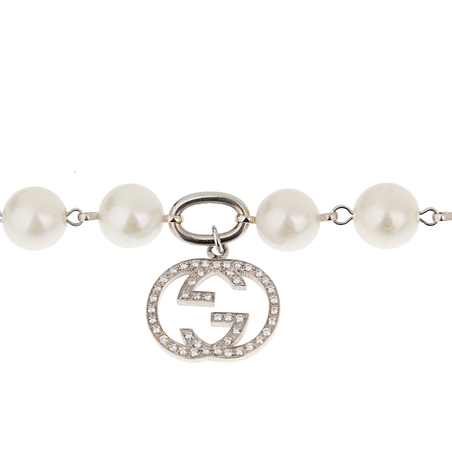 Gucci GG Diamond 18k White Gold Pearl Charm Bracelet