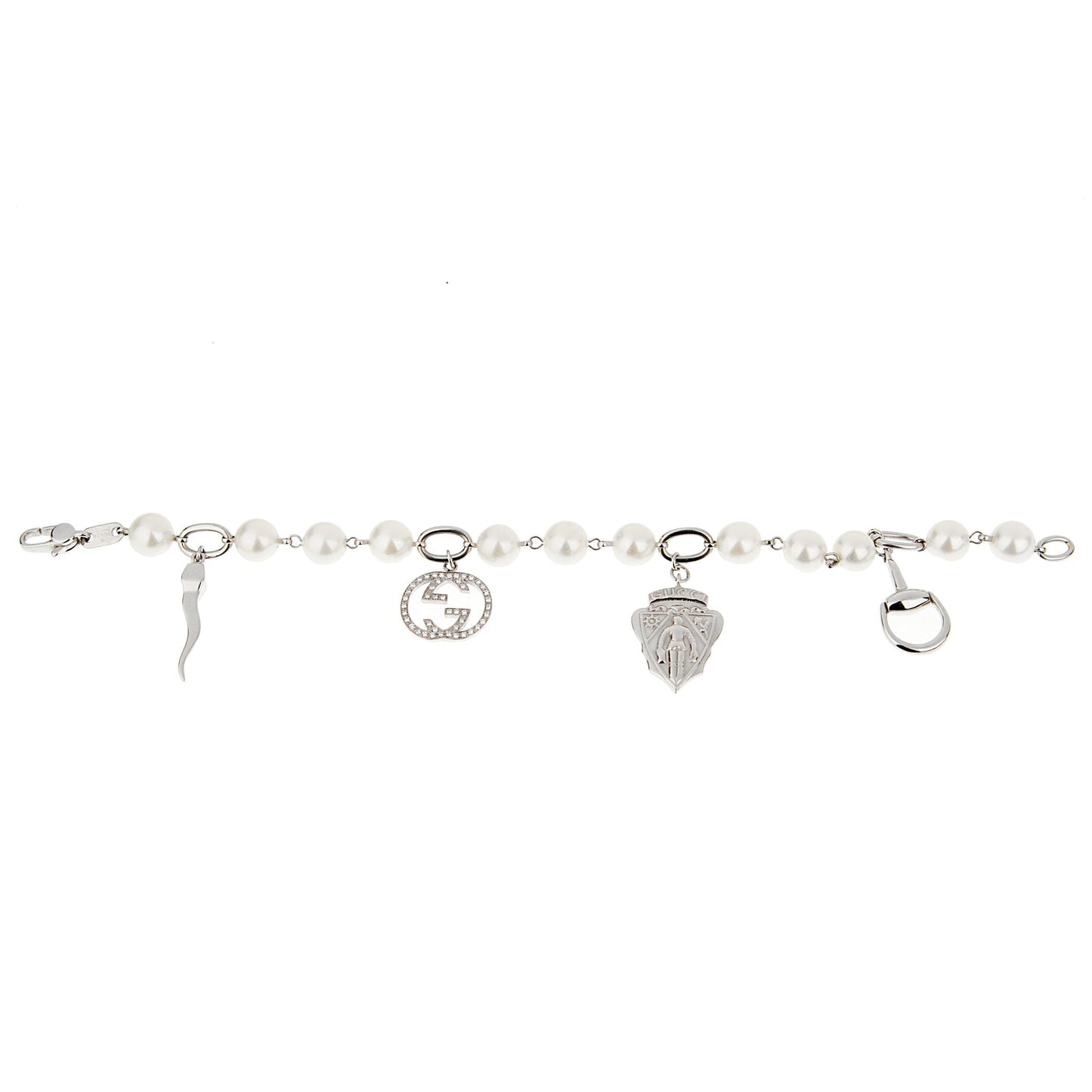Gucci GG Diamond 18k White Gold Pearl Charm Bracelet
