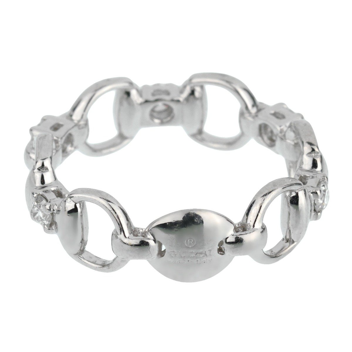 Gucci Horsebit Diamond 18k White Gold Ring Sz 5