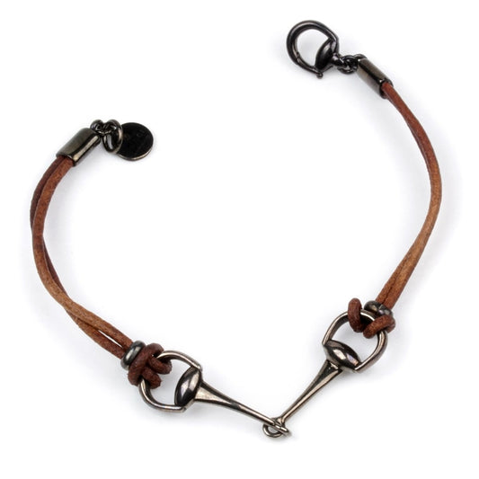 Gucci Leather Burnished Silver Horsebit Bracelet