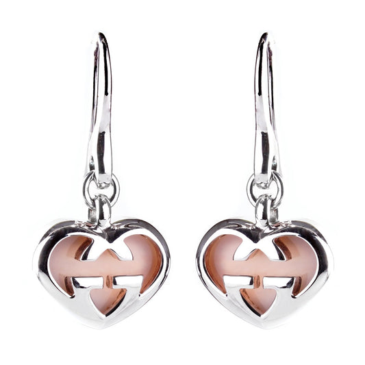 Gucci Pink Opal Double G Silver Heart Earrings