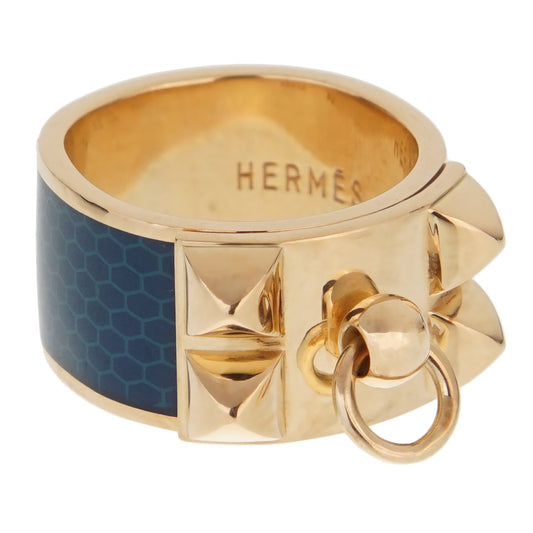 Hermes Collier De Chien Gold Blue Enamel Ring Sz 5