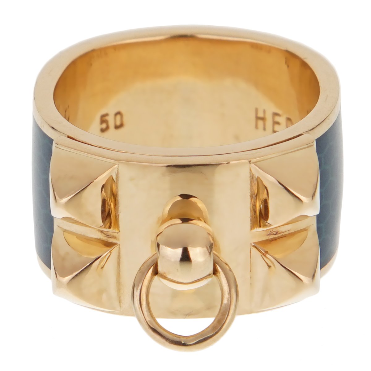 Hermes Collier De Chien Gold Blue Enamel Ring Sz 5