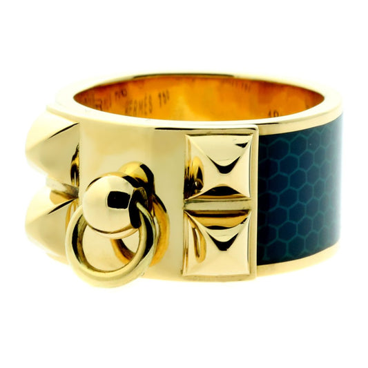 Hermes Collier De Chien Blue Enamel Gold Ring Sz 6