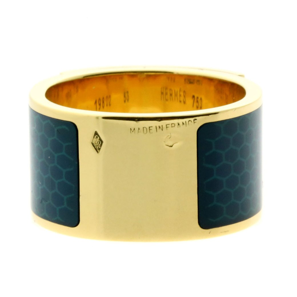 Hermes Collier De Chien Blue Enamel Gold Ring Sz 6