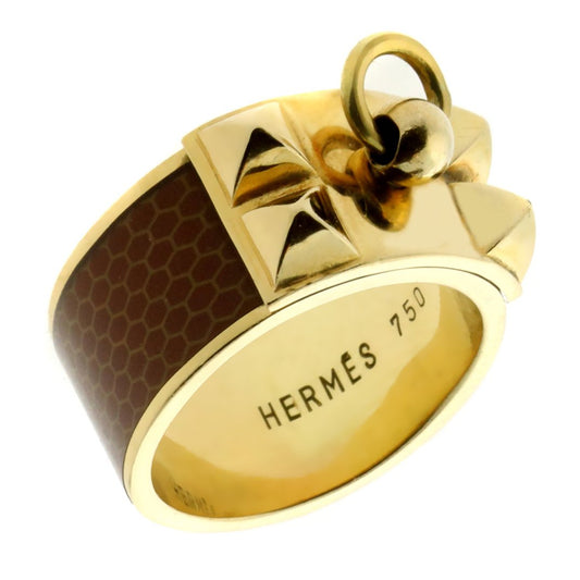 Hermes Collier De Chien Brown Enamel Gold Ring Sz 7