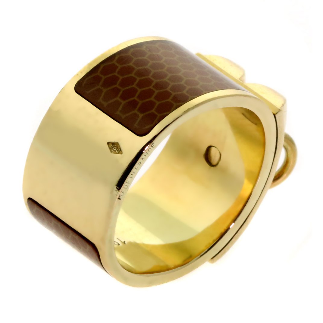 Hermes Collier De Chien Brown Enamel Gold Ring Sz 7