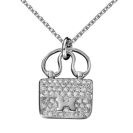 Hermes Constance Charm Diamond Pendant 18k White Gold Necklace