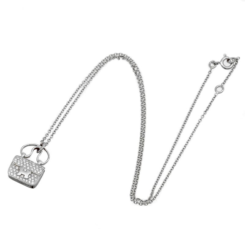 Hermes Constance Charm Diamond Pendant 18k White Gold Necklace