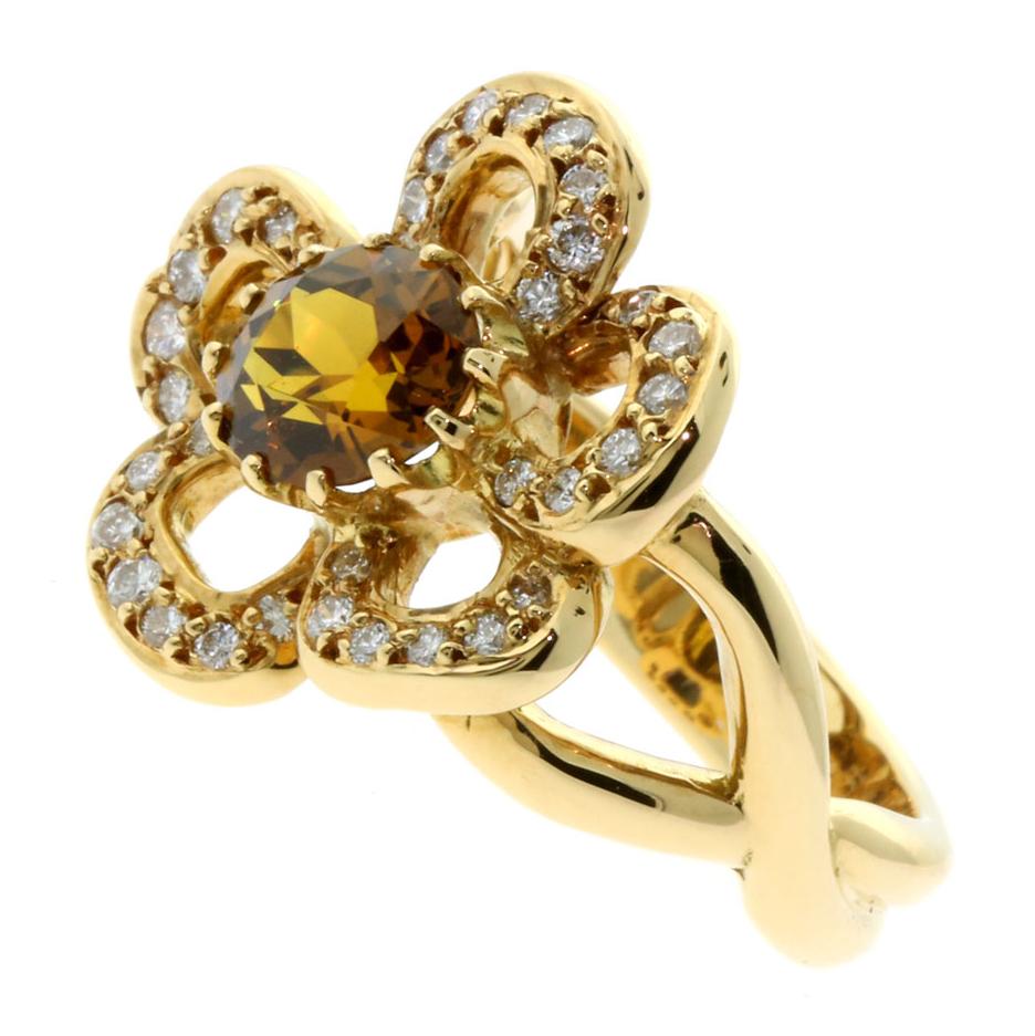 Hermes Diamond Citrine Flower Gold Ring