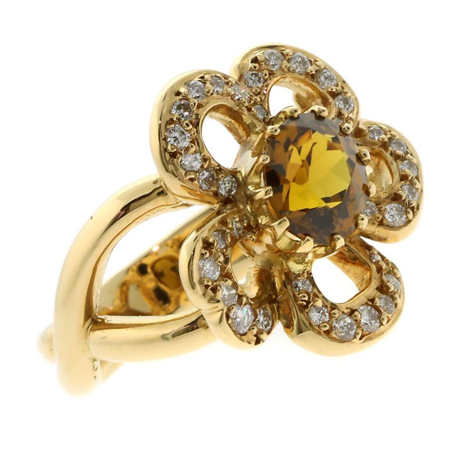 Hermes Diamond Citrine Flower Gold Ring