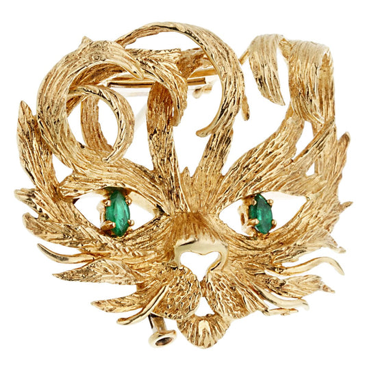 Hermes Mistigri Lion Cat Emerald Yellow Gold Brooch