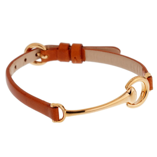 Ladies Rose Gold Brown Leather Horsebit Bracelet