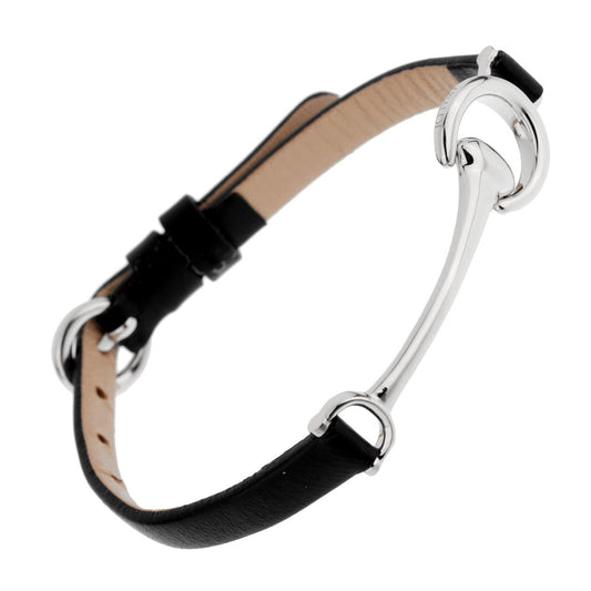Ladies White Gold Black Leather Horsebit Bracelet