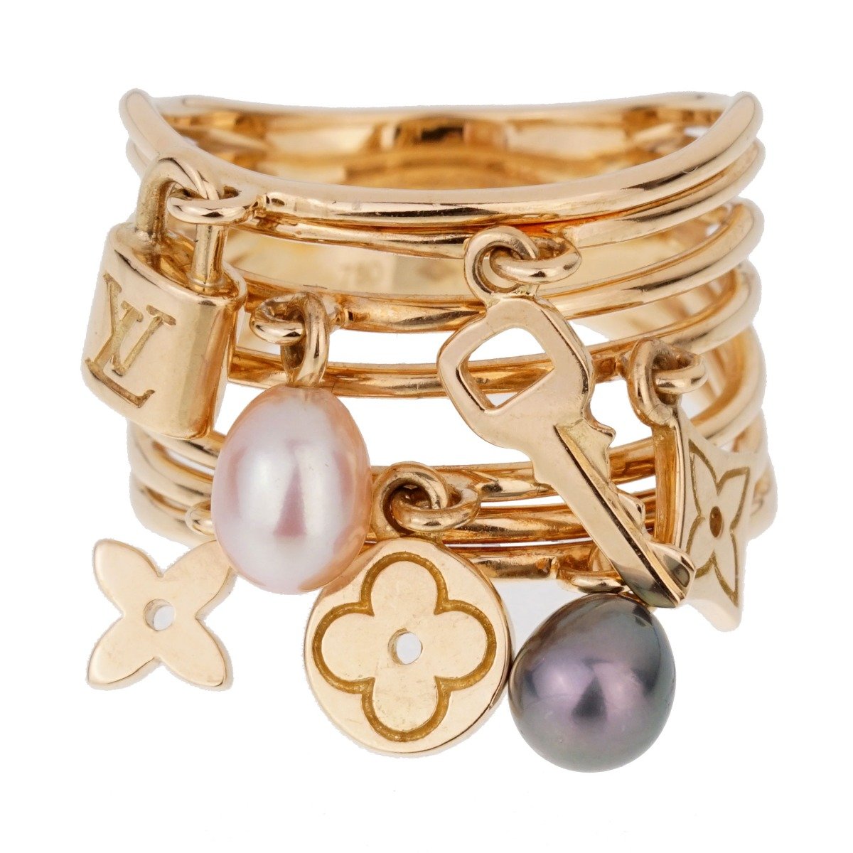 Louis Vuitton Monogram Pearl Cocktail Yellow Gold Ring Sz 6 1/2