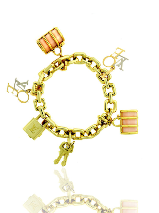 Louis Vuitton Padlock and Keys Love and Keepall Charm Bracelet 18k Yellow Gold N04204