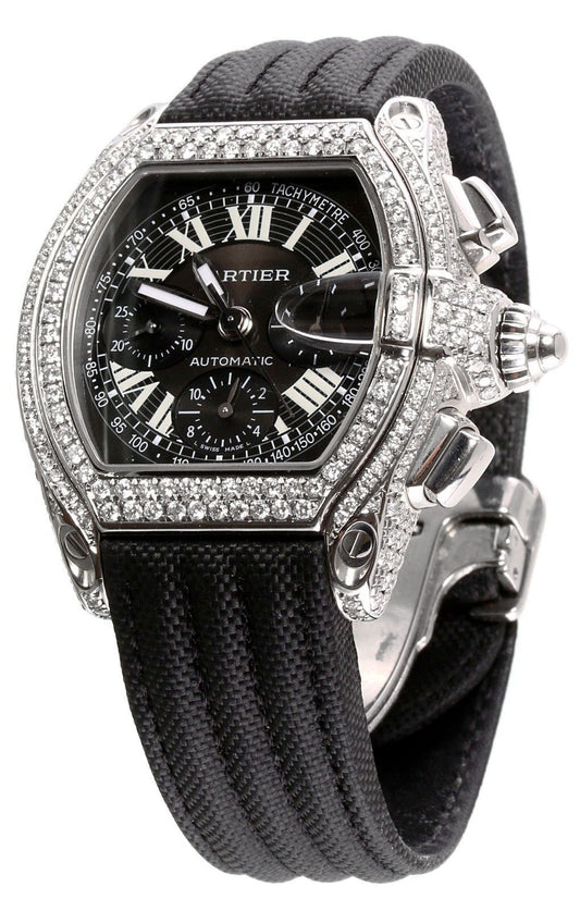 Mens Cartier Roadster Chronograph Stainless Steel Diamond Watch