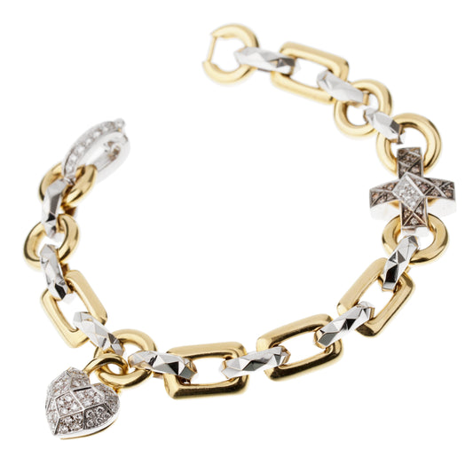 Mikimoto Diamond Faceted White Yellow Gold Charm Bracelet