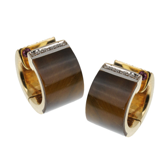 Roberto Coin Tiger Eye Vintage Diamond 18k Yellow Gold Huggie Earrings