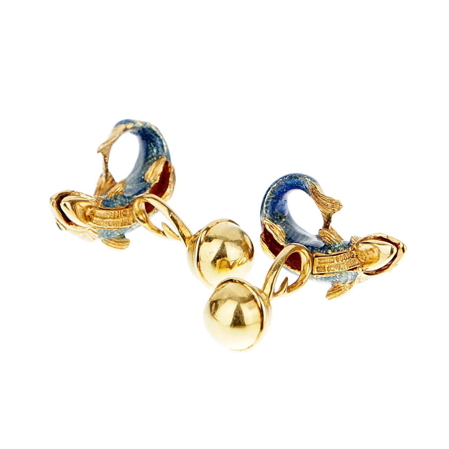 Tiffany & Co. Sapphire Enamel 18k Yellow Gold Fish Vintage Cufflinks