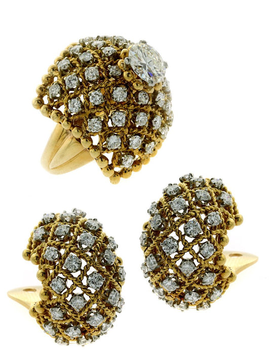 Van Cleef & Arpels Gold Diamond Ring and Earring Suite