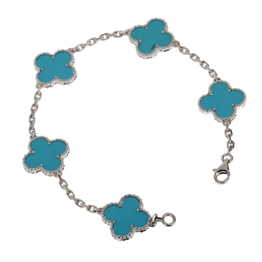 Van Cleef & Arpels Turquoise 5 Motif Vintage Alhambra 18k White Gold Bracelet