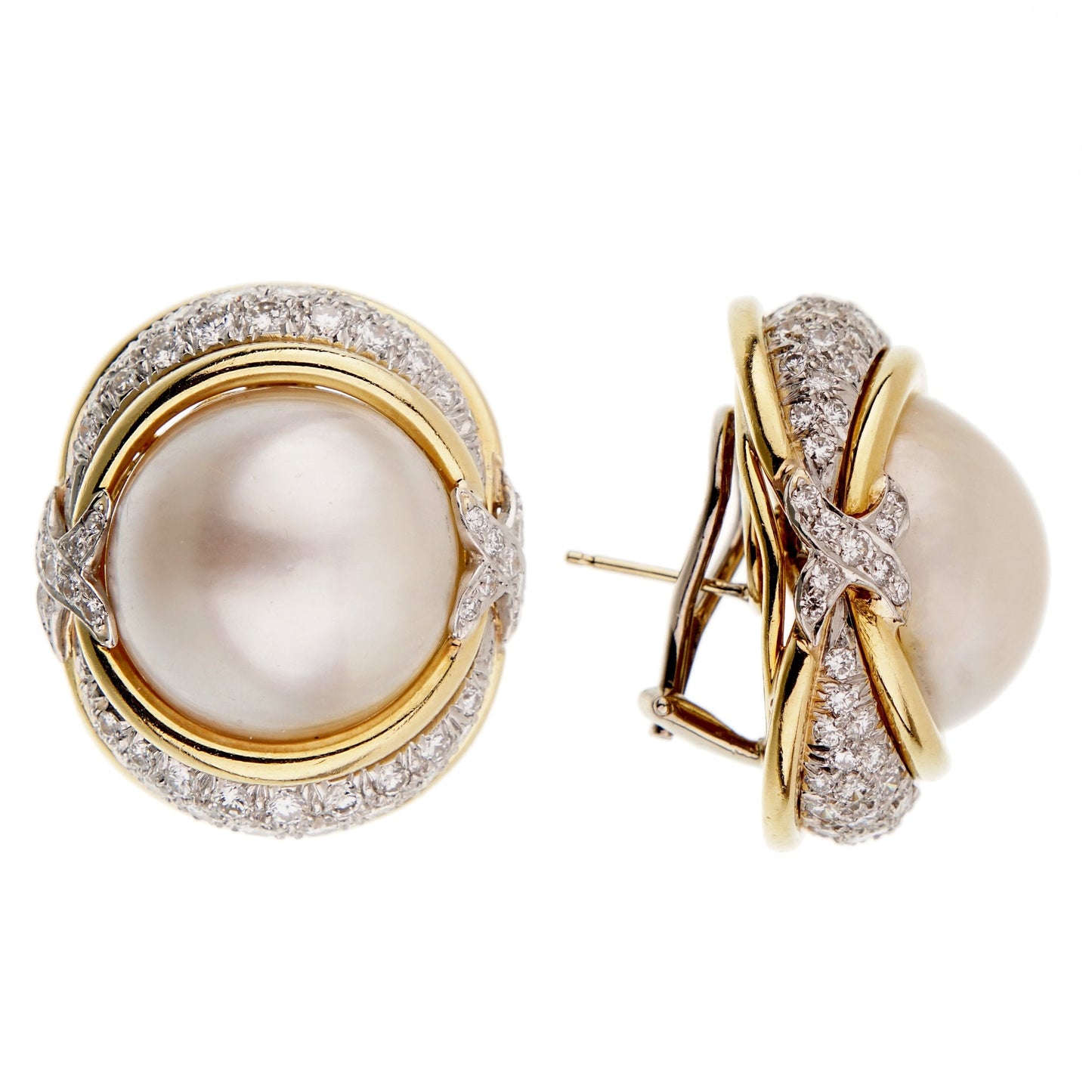 Verdura Pearl Diamond Yellow Gold Platinum Earrings