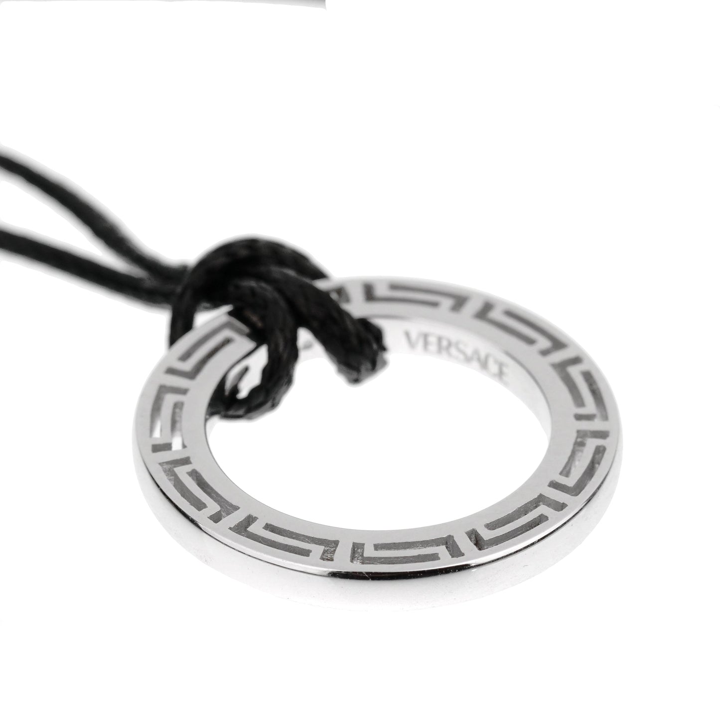 Versace Greek Key White Gold Pendant Leather Necklace