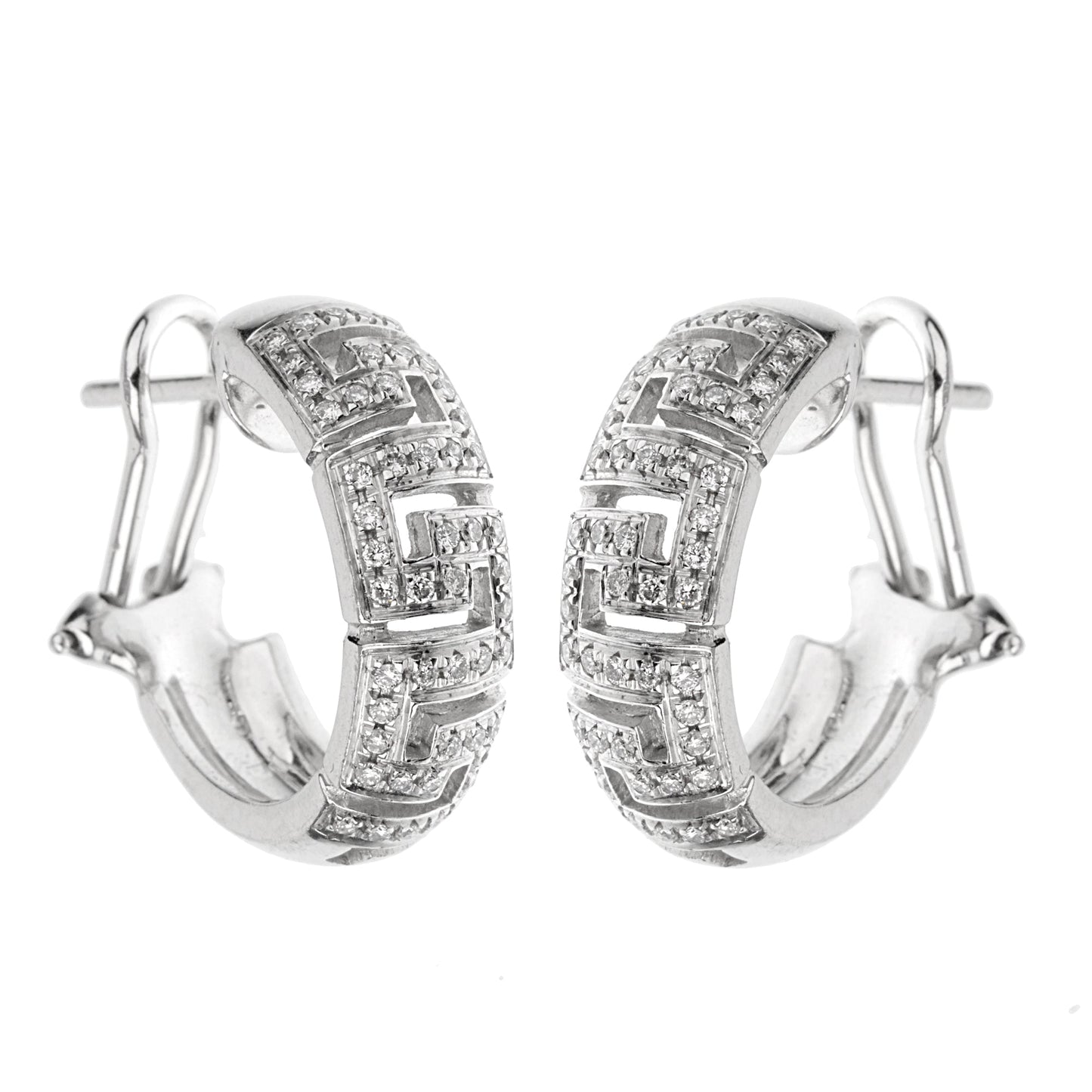 Versace 18k White Gold Diamond Greek Key Hoop Earrings