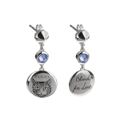 Gucci Sterling Silver Blind for Love Feline Drop Blue Zircon Earrings