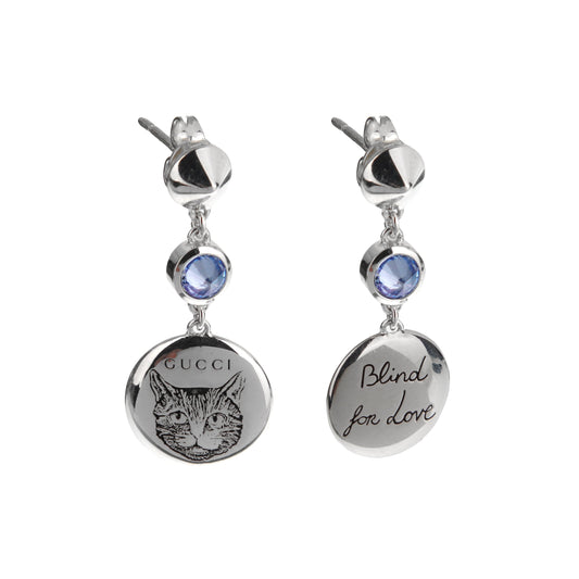 Gucci Sterling Silver Blind for Love Feline Drop Blue Zircon Earrings