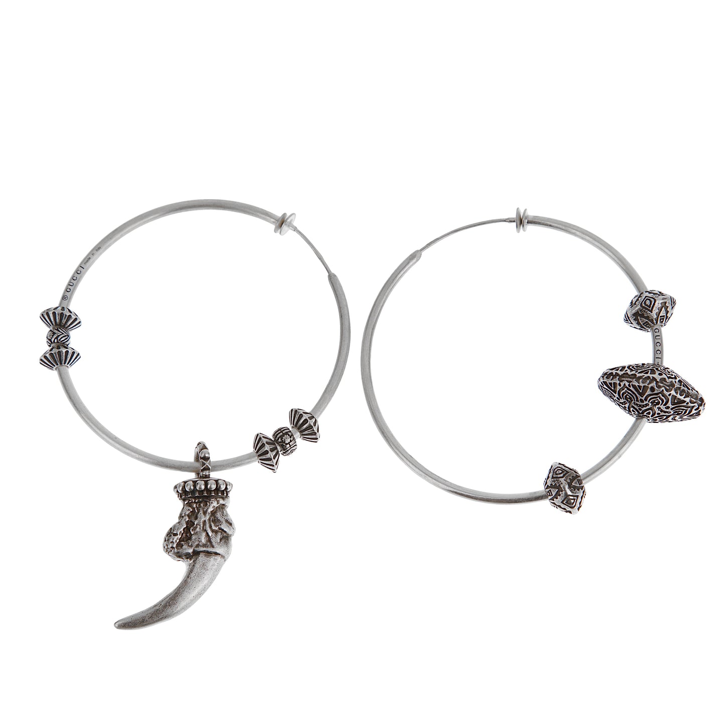Gucci Sterling Silver Hoop Earrings with Tribal-Inspired Charms