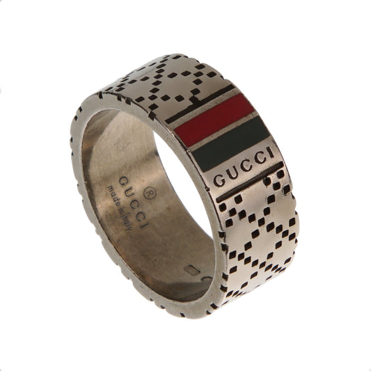 Gucci Aged Sterling Silver Logo Band Ring with Enamel Inlay – Size 7 1/4