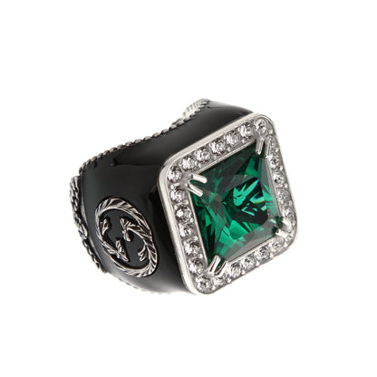 Gucci Sterling Silver Green Crystal Cocktail Ring with Black Enamel