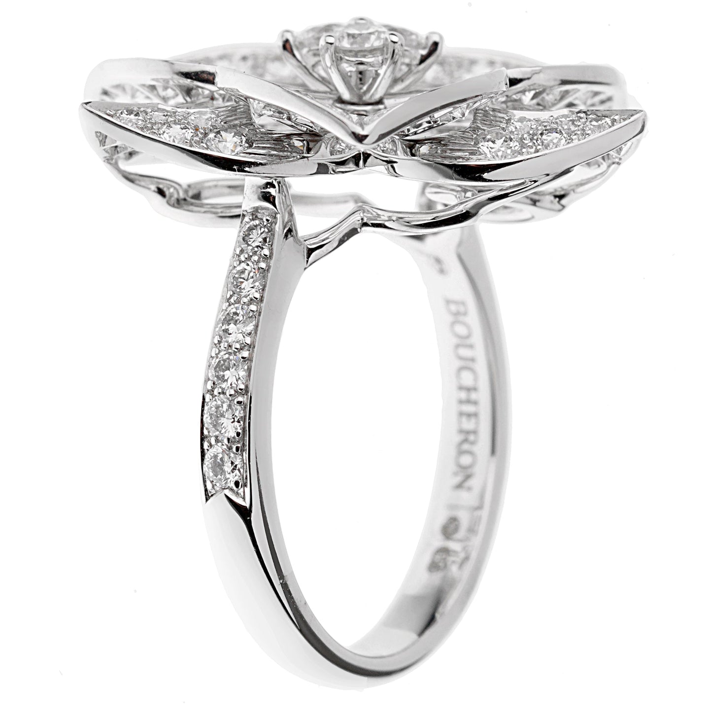 Boucheron Large Flower Diamond White Gold Cocktail Ring Sz 5 1/2