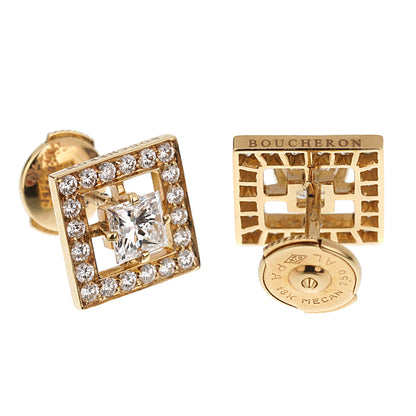 Boucheron Princess Cut Diamond Stud 18k Yellow Gold Earrings