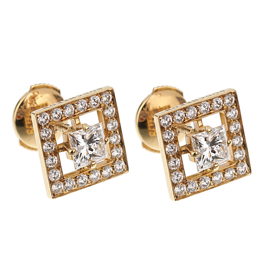 Boucheron Princess Cut Diamond Stud 18k Yellow Gold Earrings