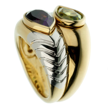 Bvlgari Amethyst Peridot Bypass Cocktail Gold Ring Sz 5