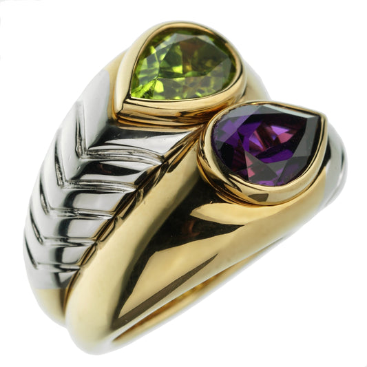 Bvlgari Amethyst Peridot Bypass Cocktail Gold Ring Sz 5