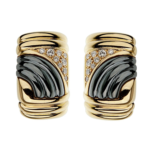 Bvlgari Parentesi Vintage Diamond Hematite 18k Yellow Gold Earrings