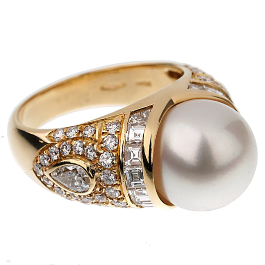 Bvlgari Vintage Pearl Diamond Cocktail Yellow Gold Ring Sz 5 3/4