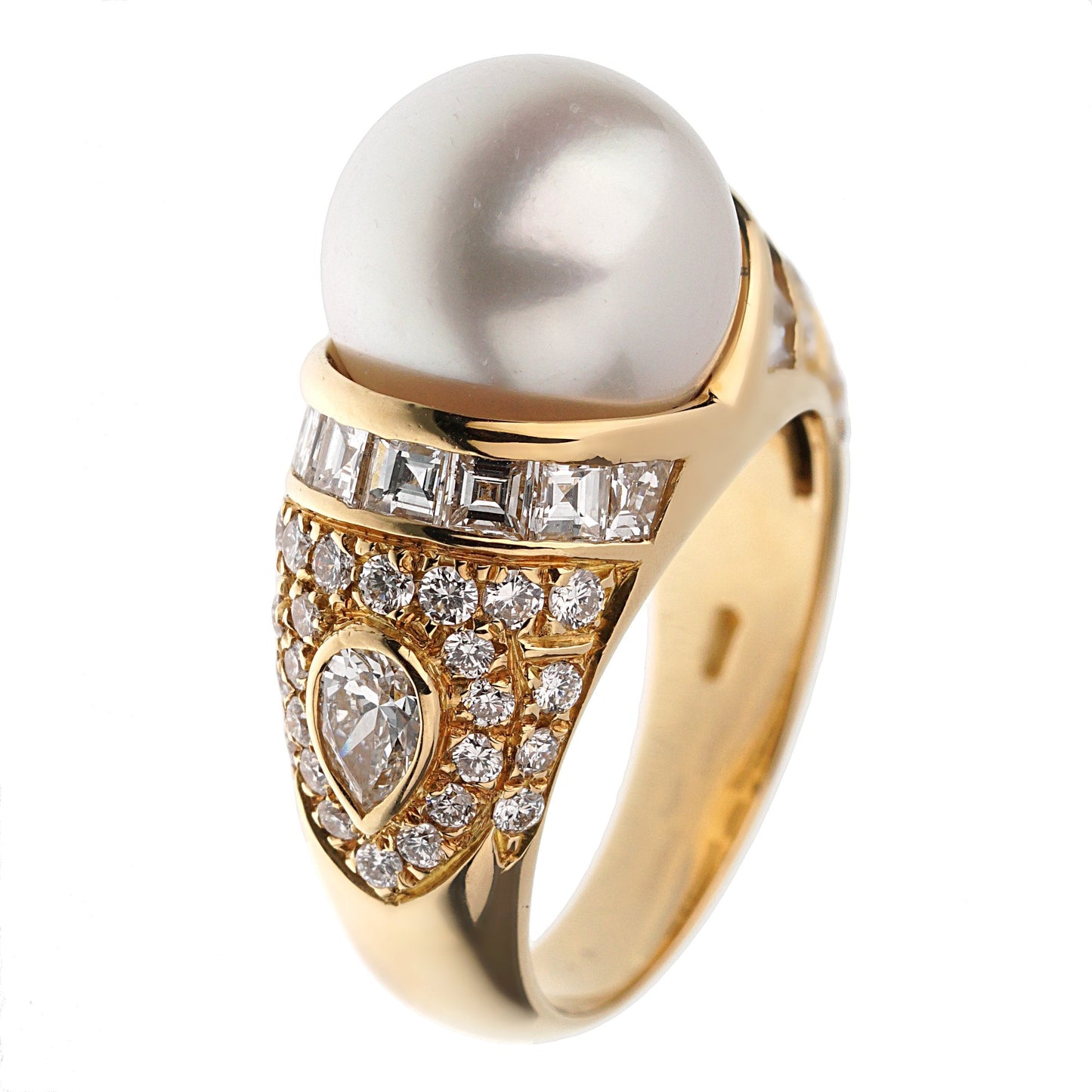 Bvlgari Vintage Pearl Diamond Cocktail Yellow Gold Ring Sz 5 3/4