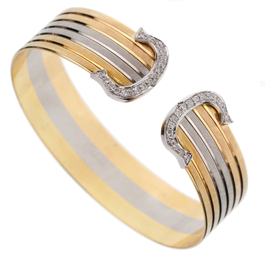 Cartier Double C Vintage Diamond Cuff Tri Color Bangle Bracelet 18k Gold