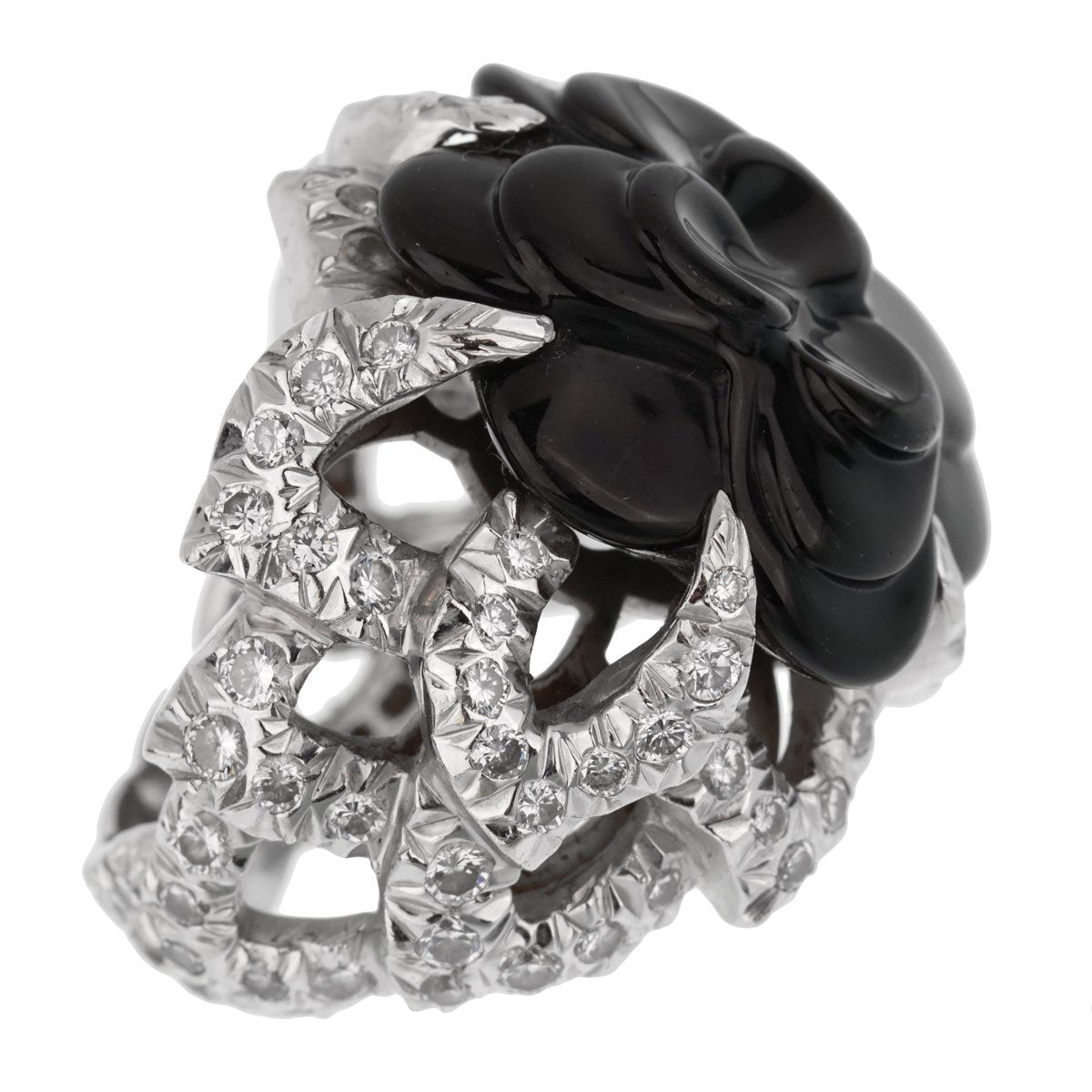 Chanel Camellia Diamond Onyx White Gold Ring