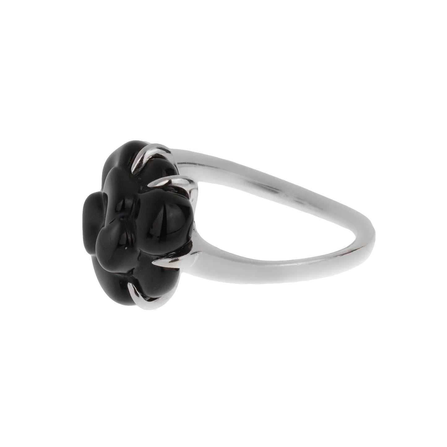 Chanel Camellia Onyx Diamond 18k White Gold Cocktail Ring