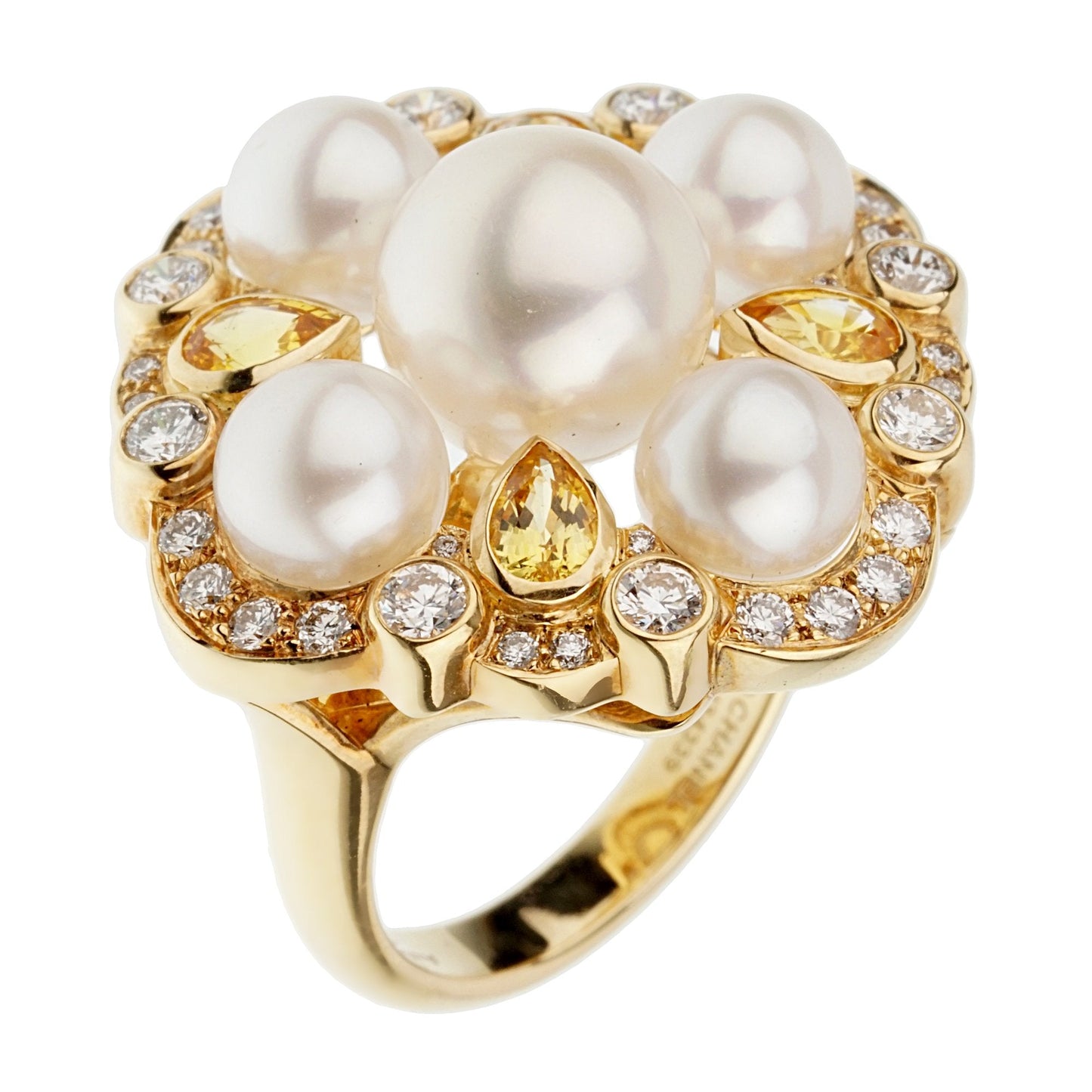 Chanel Pearl Diamond Yellow Sapphire 18k Yellow Gold Cocktail Ring