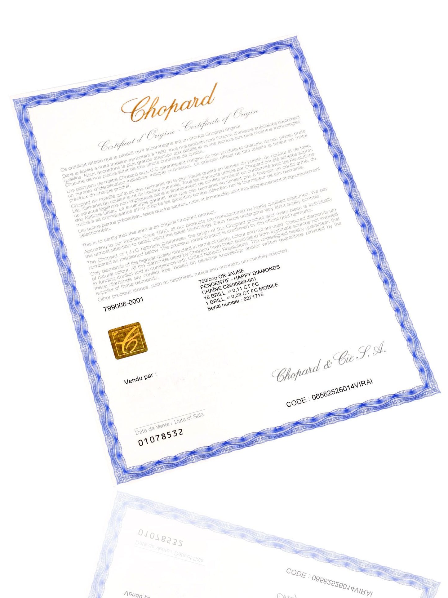 Chopard Miss Happy Diamond Heart 18k Yellow Gold Necklace 799008-0001