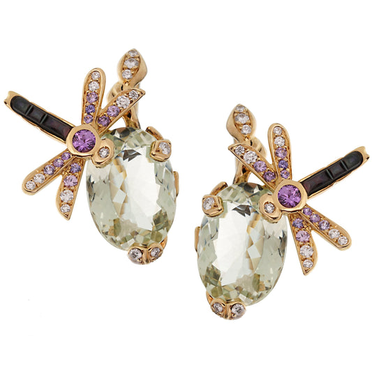 Dior Dragonfly Green Beryl Diamond Sapphire 18k Yellow Gold Earrings