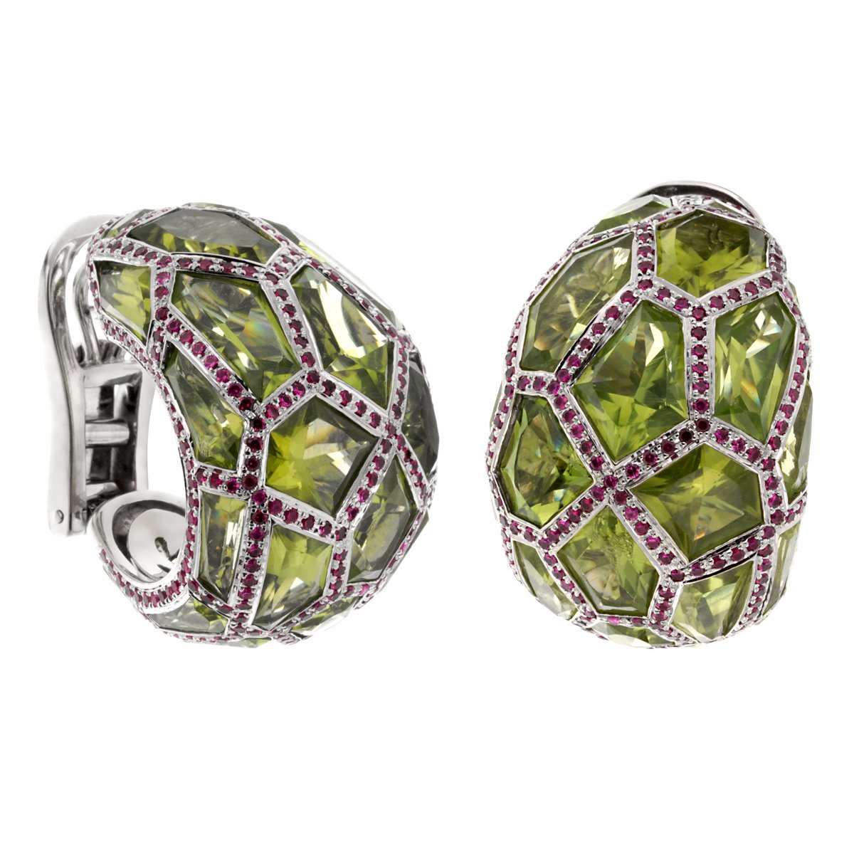 De Grisogono Peridot Ruby 18k White Gold Hoop Earrings
