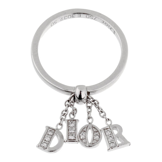 Dior 18k White Gold Diamond Dangling Ring Sz 5
